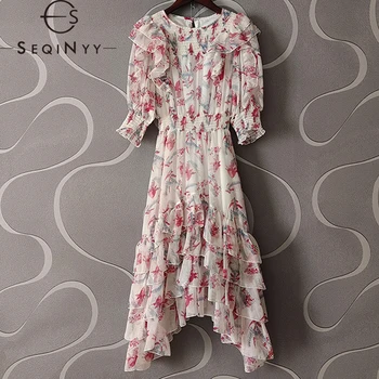 SEQINYY Šifona Midi Kleitu Pavasara Vasaras Jaunā Modes Dizaina Sievietes Skrejceļa Puff Piedurknēm Ruffles Gadījuma Augstas Sreet Ziedu Drukāt