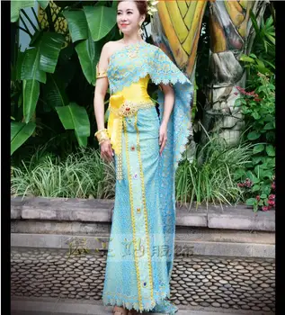 Taizeme Tradicionālo Apģērbu Zilā Taizemes Kāzu kleitu Mežģīnes Greznība Princese Dai