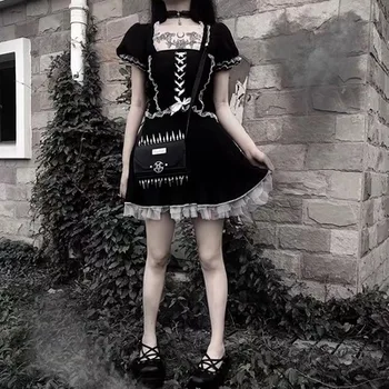 Melns Gothic Lolita Kleita OP Atdzist Meitene Vintage Mežģīņu Joslu Falbala Negantu Kleita Meitene Cosplay Kostīmu Punk Loli Gorth Kleita