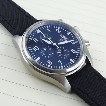 42mm Pilna Chronograph Kvarca Vīriešu rokas Pulkstenis Zila Ciparnīca nedēļu displejs Auto Datums Kalendārā sekundes skalu skatīties