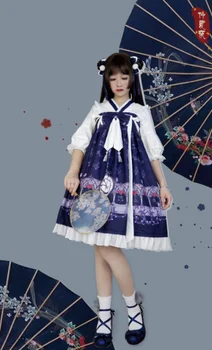 Lolita Hanfu elements siksna kleita studentu Hanfu retro sweet lolita viktorijas drukāšanas kawaii meitene loli cos gothic lolita kimono