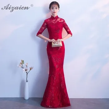 Mūsdienu Sarkanā Sirēna Ilgi Cheongsam Sexy Qi Pao Sieviešu Tradicionālā Ķīniešu Kāzu Kleitu Qipao Austrumu Līgava Elegantas Vakara Kleitas