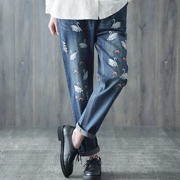 Pavasarī, vasarā sieviešu jauns retro plāksteris izšūti džinsi caurumu darīt vecās džinsu bikses Elastīgs viduklis Džinsa harēma bikses sieviete