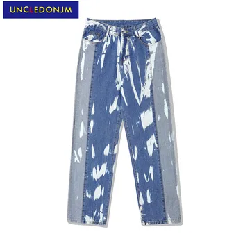UNCLEDONJM Krāsu bloku baggy bikses kaklasaišu krāsošanas mazgā nodiluši džinsi vīriešu ikdienas streetwear bikses hip hop grafiti krāsotas džinsi