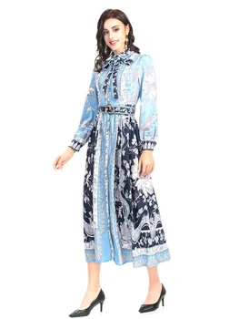 Elegants Sieviešu Vintage Kleita Ir 2021. Skrejceļa Modes Rudens Ziemas Savukārt Apkakle Etniskā Ziedu Drukāt Loku Vērtnes Gara Kleita