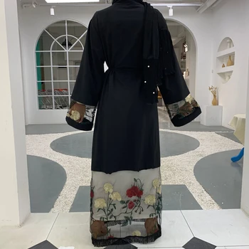 Dubai Sievietēm Musulmaņu Garām Piedurknēm Atvērtu Jaku Islāma Kimono Lūgšanu Kaftan Vintage Izšuvumi Turcija Arābu Kleitas Ramadāna Halāti