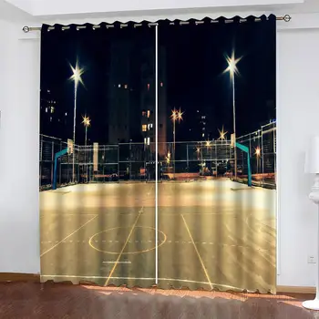 Pasūtījuma aizkari Pilsētas nakts Pilsētā, apgaismojuma basketbola tiesa Aizkaru Luksusa 3D Logu Aizkaru Dzīvojamā Istaba