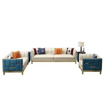 Postmodernisma gaismas luksusa vienkāršs dīvāns modeli, telpu noformējumu nelielās daudzdzīvokļu dzīvojamās istabas gaismas luksusa mēbeles ādas kombinācija