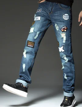 Taisni Mens Slim Cut Zilā Krāsā Ripped Streetwear Emblēma Izšūta Dizainera Džinsi Modes Caurumu Hip Hop Bikses