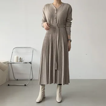 Puse Kleitas Sievietēm Ir 2021. Jauna Rudens Ziemas Korejiešu Stilā Adīts Vidēja Garuma Kroku Džemperis Kleita Vestidos Slim Vintage New