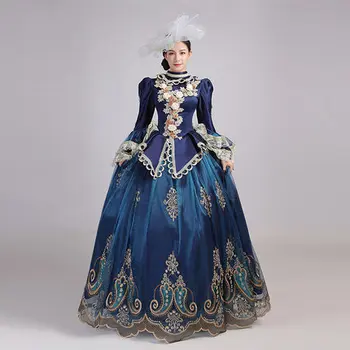 īsta baroka zilu izšuvumu rokoko vintage bumbu kleita gara kleita vintage viduslaiku kleita Renesanses princese Viktorija kleita