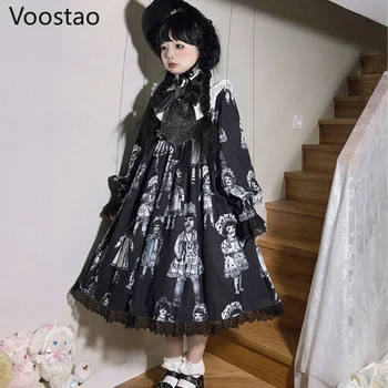 Viktorijas Vintage Gothic Lolita OP Kleita Sievietēm Tumšo Loku Šausmu Lelles Izdrukāt Puse Kleita Girly Harajuku garām Piedurknēm Y2K Punk Kleita