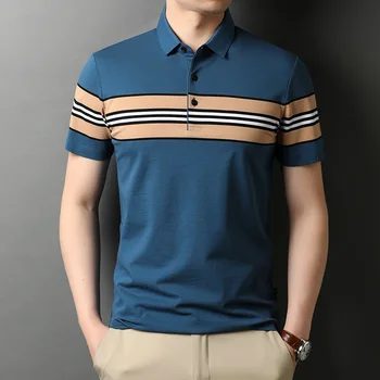 Svītrains Polo Krekls Vīriešiem Vasarā Jauni Augstas Kvalitātes Vīriešu Īsām Piedurknēm Polo Krekli Gadījuma Vīrieši Stāv Apkakle Modes Biznesa T-krekls