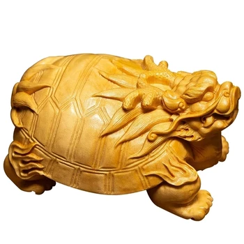 Boxwood 8CM Pūķis Bruņurupuča Skulptūra Koka Ķīnas Dievs Zvērs Statuja Laimīgs, Mājas Dekoru