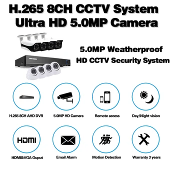 H. 265 8CH 5MP HDMI DVR VRR Komplekts CCTV Drošības Sistēmas AHD 5.0 MP IS Āra iekštelpu Izturīgu Kamera P2P Video Novērošanas Komplekts
