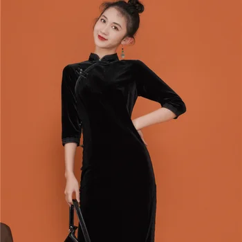 2022. Gada Pavasarī Vintage Black Velvet Slim Garām Piedurknēm Retro Tērps Sievietēm Ķīniešu Stilu, Elegants Cheongsam Samta Garās Kleitas