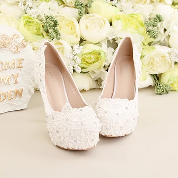 Sieviešu Kāzu Baltas Kurpes augstpapēžu kurpes 12cm, Platforma 10cm Sūkņi Pērle Mežģīnes, Ziedi, Līgava, Līgavas Kurpes Lady Kāzu Kurpes