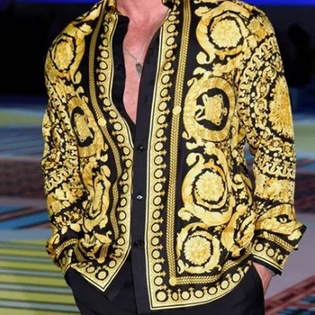 Modes Vīriešu Ikdienas Krekls Zelta Drukāšanas Vienu-krūšu Raibs Atloks ar garām Piedurknēm Zaudēt Pavasara, Rudens Apģērbi Vīriešiem