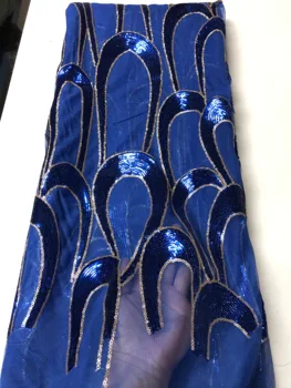 H-181095 Zilā krāsā Augstas Kvalitātes Āfrikas Mežģīņu Audums, Tilla Mežģīņu Auduma ar Vizuļi Nigērijas Tilla Mežģīņu Auduma