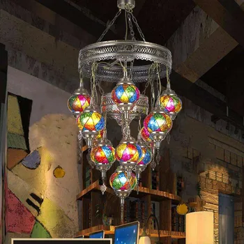 Vintage turku Lustras E27 Krāsains rokām veidotas Stikla Abažūrs Rūpniecības Apturēšanu 1/7 Galvas Lustra par Dzīvojamā Istaba