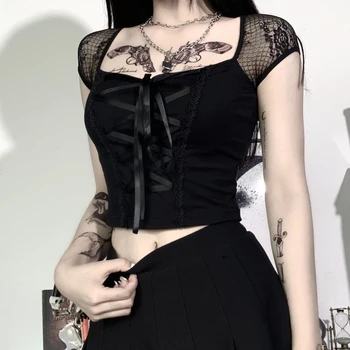 Ir 2021. Vintage Topi Goth T-krekls Sievietēm Bodycon Pārsējs Mežģīnēm Melni T-krekli Gothic Streetwear Sexy Sieviete Top Gadījuma Acs Tee