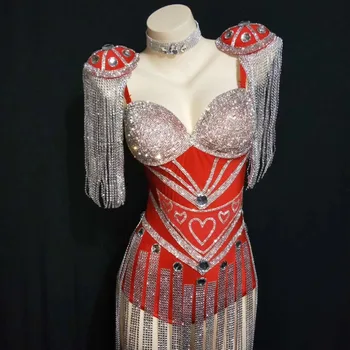 Mirdzošiem Rhinestones Bārkstis Red Bodysuit Sexy Luksusa Leotard Sievietes Dzimšanas Dienu Svinēt Skatuves Apģērbs Dziedātāja Puse Deju Kostīms