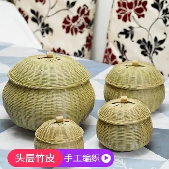 Bambusa audumi tējas kannas ar rokām austi bambusa grozus ar vākiem, mazās bambusa grozi tējas kārbas ar vākiem, olu uzglabāšanas ovenpicnicbasket