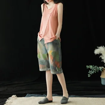 Vasaras Sieviešu Modes Caurumu Ripped Maskēties Vintage Džinsa Bikses Ceļa Garums Aizmugurē Elastīgs Viduklis Zaudēt Gadījuma Sieviešu Harēma Bikses