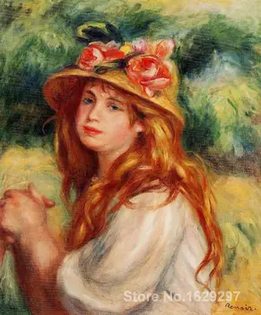 Liela eļļas gleznas pārdošanā Blondi ar Salmu Cepure(Sēž Meitene) Pierre Auguste Renoir audekls mākslas Augstas Kvalitātes Roku darbs