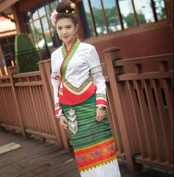 Juņnaņas Dai Princese Drēbes Žakete + Svārki Taizeme Tradicionālā Retro Dai Oranža, Balta, Zaļa mazākumtautību Festivāls Kleitas