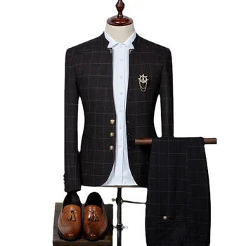 Modes Zīmola Biznesa Pleds Svītrainu Uzvalku Vīriešu Apģērbu Melnā / Tumši Zilā Slim Fit Jaunatnes Kāzu Kleita Komplekti Izmērs 3XL-S