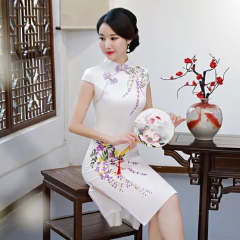 Sievietes Eleganci Slim Cheongsam Ķīniešu Tradicionālā Kleita Lady Īss Qipao Meitene Puse Mini Kleita Compere Apģērbu 90