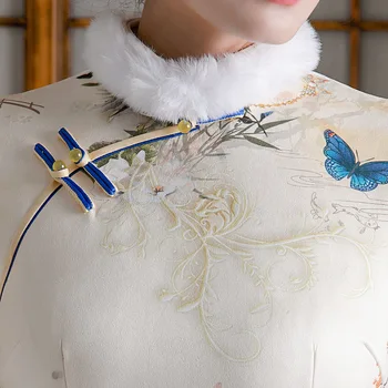 Cheongsam Apmetnis Zamšādas divdaļīgs Kostīms Sieviešu Tradicionālo Ķīniešu Kleita Sieviete Elegants Qipao Vintage Ziemas Plus Samta Drukāšana