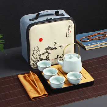 Ceļojumu Tējas Komplekts Ru Trauki Ge Krāsns Kung Fu Keramikas Vienā Katlā Četras Tases