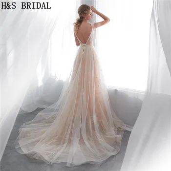 H&S, KĀZU Šampanieša vienkāršu kāzu kleitu sexy milzīgais mežģīnes beach kāzu kleitas kleitas, kāzu viesu vestidos