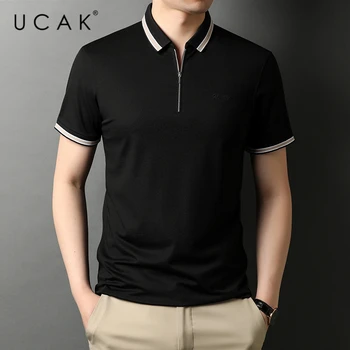 UCAK Brand Classic tīrtoņa Krāsu Kārtas-Apkakle ar Īsām Piedurknēm Rāvējslēdzēju T-Krekli Vasaras Streetwear Gadījuma Kokvilnas T Krekls Homme U5570
