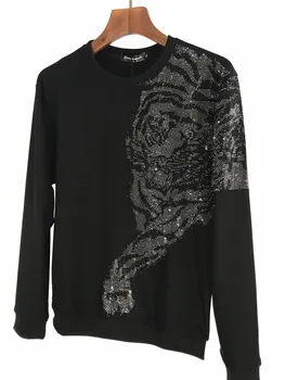 Reālā luksusa mens black rhinestone frēzēšana tiger garām piedurknēm T krekls ar biksēm/atpūtas