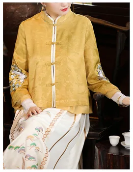 Sieviešu Topi Tang Uzvalks Rudens Izšūti Ķīniešu Stilā Vintage Zaudēt Īss Mētelis Topi Dāma Sprādzes Ikdienas Jaka Sieviešu S-XXL