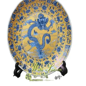 Antīko kolekciju, antikvariāts porcelāns, zilā un baltā krāsā porcelāna jo Jingdezhen yellow dragon plate apdare