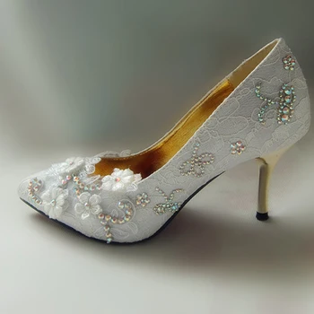 Modes Balta Mežģīņu Ziedu Augsta Papēža Kāzu Kurpes Puse Balles Kurpes krāsains sieviešu kurpes lady Crystal Amond Toe Kleitu Kurpes