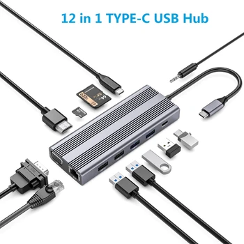 USB C Hub 12 1 TIPS-C Adapteris ar 4K HDMI Saderīgu USB 3.0 2.0 PD USB-C Datu Portu dokstacija Pro