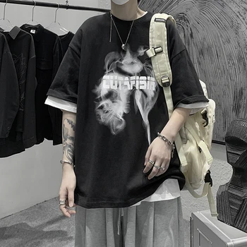 Vasaras Personības Radošās Drukāšanas Vīriešu ir 2021. korejiešu Hip Hop Tīras Kokvilnas Black Pāri Īss T-krekls Harajuku Fashion