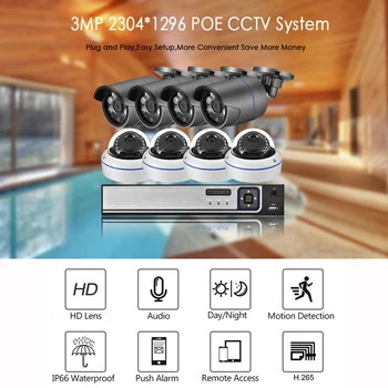 AZISHN 8CH 3MP POE VRR VIDEONOVĒROŠANAS Sistēma 3MP H. 265 Audio Ieraksts Āra CCTV Kameras IS Nakts Redzamības IP Drošības Video Novērošanas Komplekts