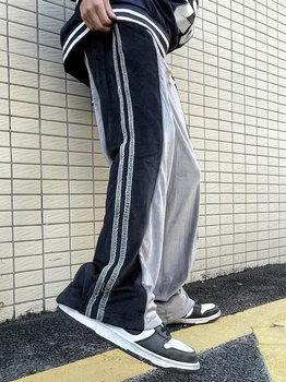 UNCLEDONJM Sānu svītras krāsu bloku samta bikses vīriešu high street Harajuku bikses iela baggy streetwear treniņbikses
