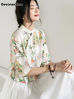 2022 cheongsam blūze zīda veļa qipao topi ķīniešu stilā tang kostīmu dāmu krekls uzdrukāts ķīniešu stilā cheongsam šifona blūze