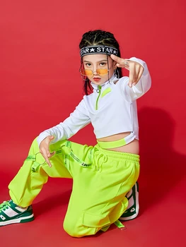 Meitenes Džeza Mūsdienu Deju Tērpi Balts Tops Zaļā Bikses Ielu Deju apģērbi Balles Hip Hop Deju Apģērba Skatuves Tērpiem DQS8149