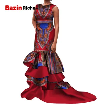 Bazin Riche Āfrikas Sieviešu Apģērbu Sexy Savārstījums bez Piedurknēm Ilgi Sirēna Puse Vestidos Drukāt Kleitas WY4918