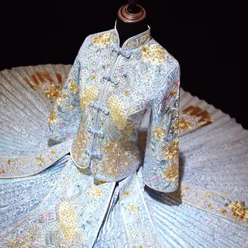 Tradicionālās Klasiskās Zilu Izšuvumu Līgava Cheongsam Laulības Uzvalks Ķīniešu Pāris, Sieviešu, Vīriešu Kāzu Kleitu Qipao Vestidos