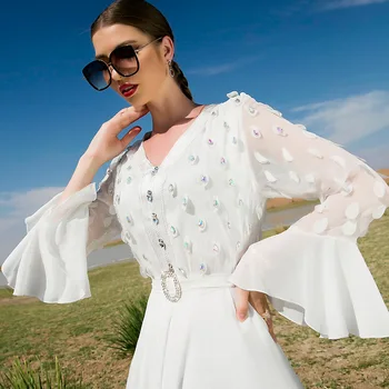 Musulmaņu Modes Baltās krāsas Rhinestone Savirmot Piedurknēm Kleita Eid Ramadāna Kleitas Sievietēm Abaya Dubaija Turcija Islāmu Caftan Longue Femme