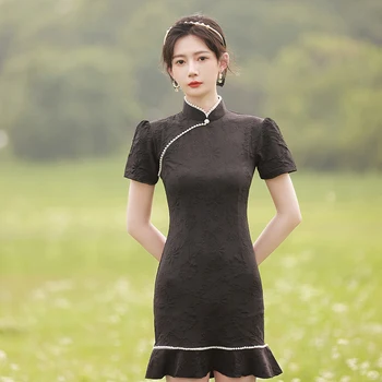 Ķīniešu Tradicionālā Jaunu Apģērbu, Qipao Dāmas Mežģīņu Kleita Ar Īsām Piedurknēm Cheongsam Zaļš, Melns Apģērbs Ķīnas Jaunāko Mežģīņu Kleitas